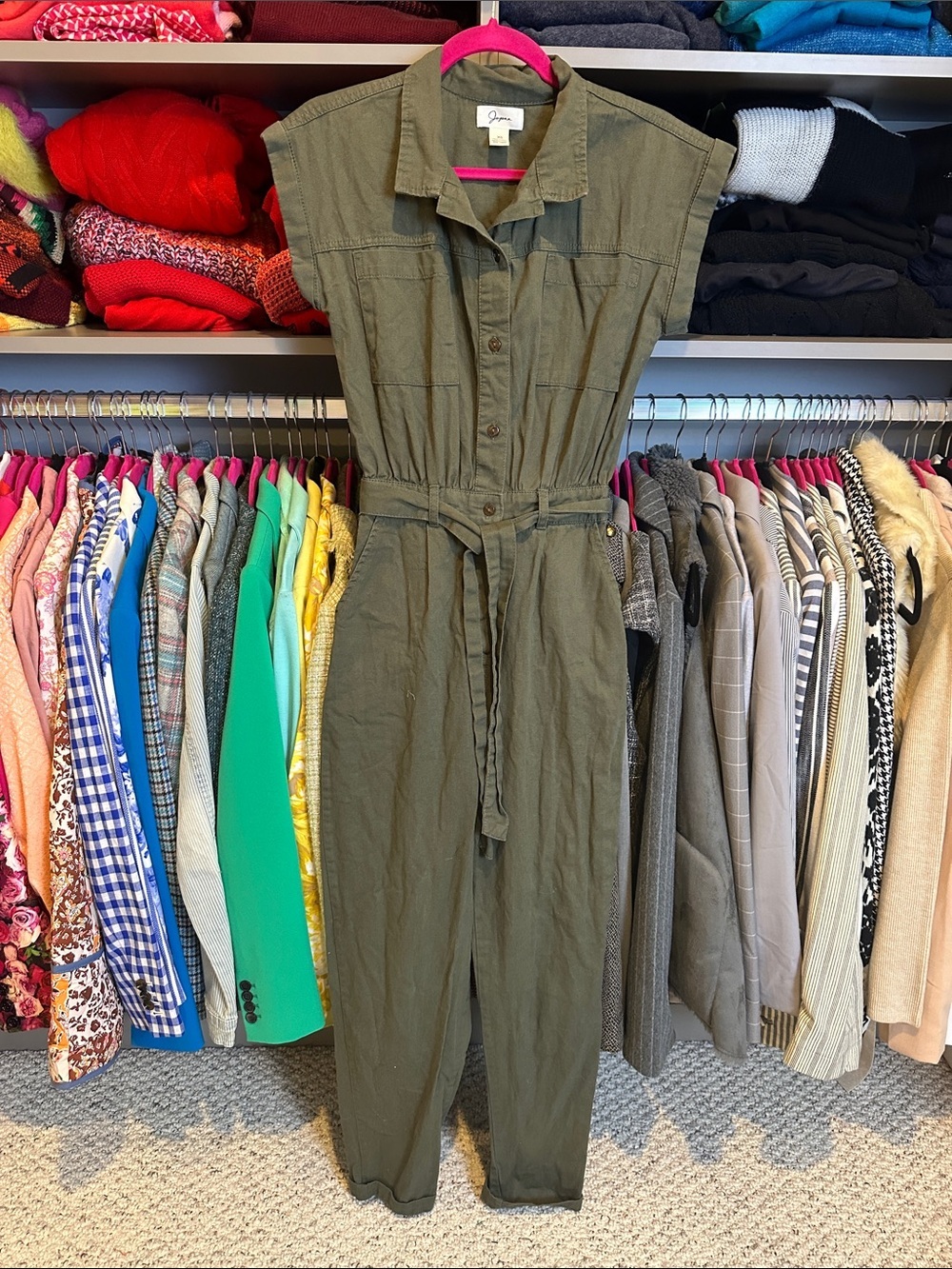 Japna olive sleeveless front button closure belted 4 pocket jumpsuit size XS